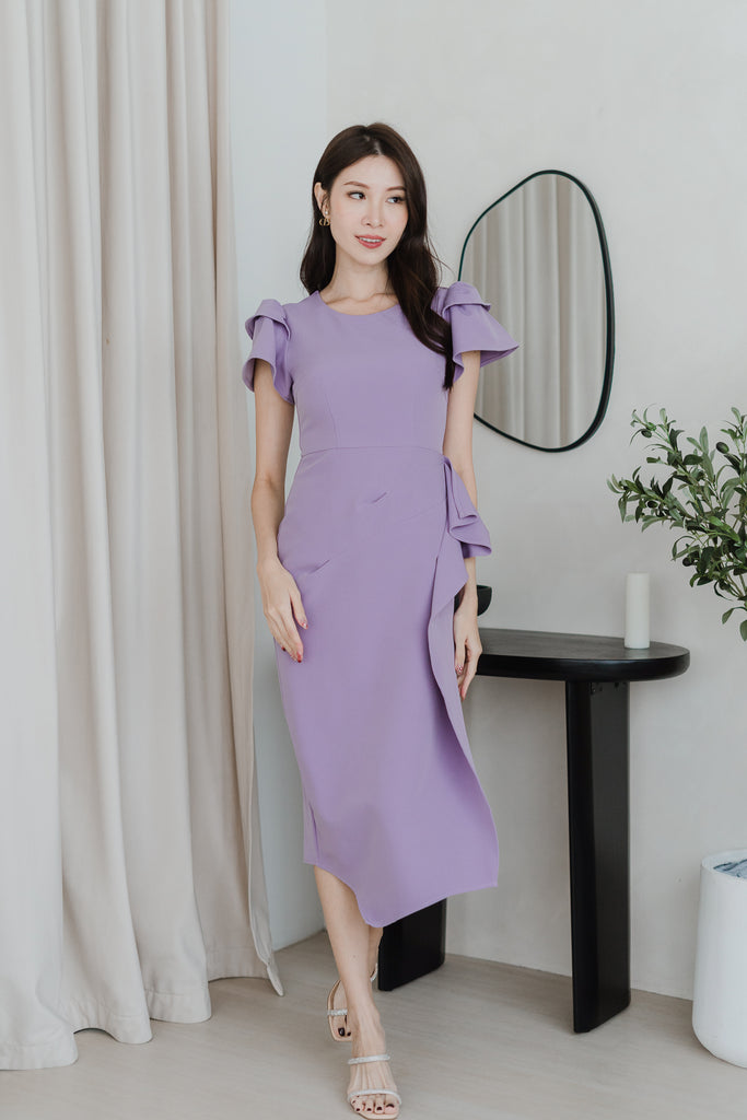 Daphne Cap Sleeves Ruffle Slit Dress - Purple Ash [XS/S/M/L/XL/XXL]