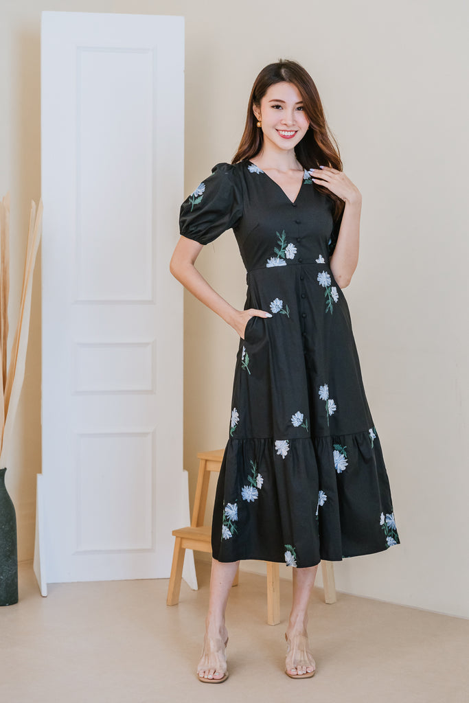 Emma Embroidery Button Maxi Dress - Black [XS/S/M/L/XL/XXL]