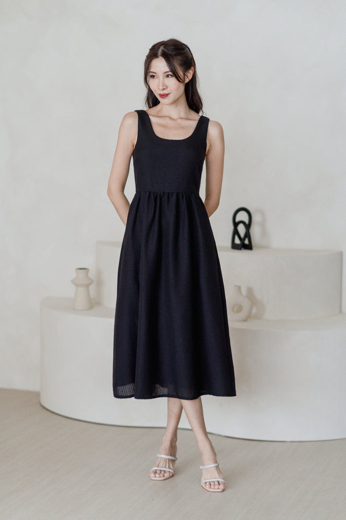 Yours Faithfully Tweed Scoop Neck Midi Dress - Black [XS/S/M/L/XL/XXL]