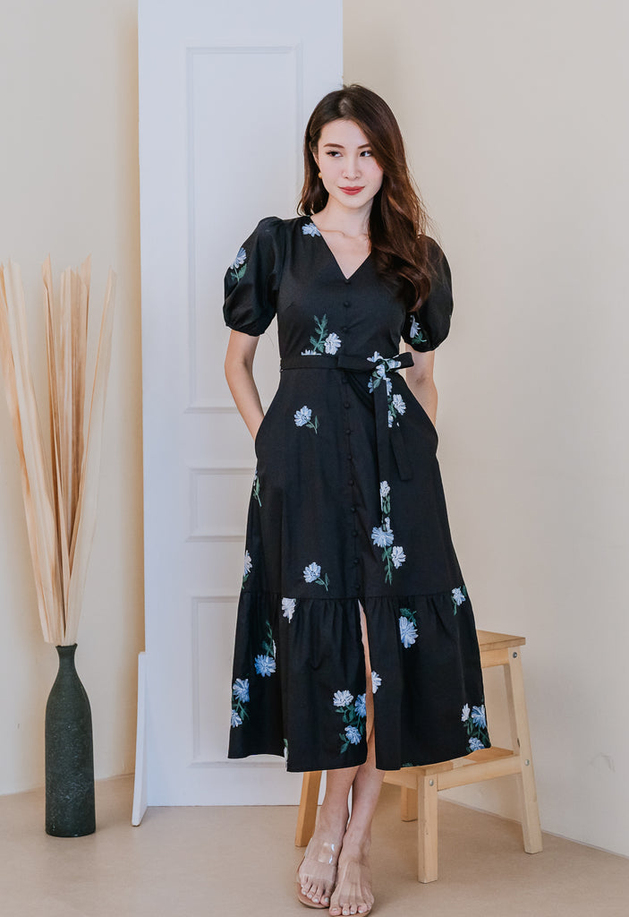 Emma Embroidery Button Maxi Dress - Black [XS/S/M/L/XL/XXL]