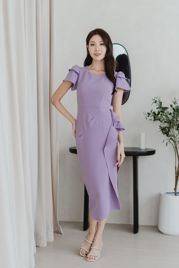 Daphne Cap Sleeves Ruffle Slit Dress - Purple Ash [XS/S/M/L/XL/XXL]