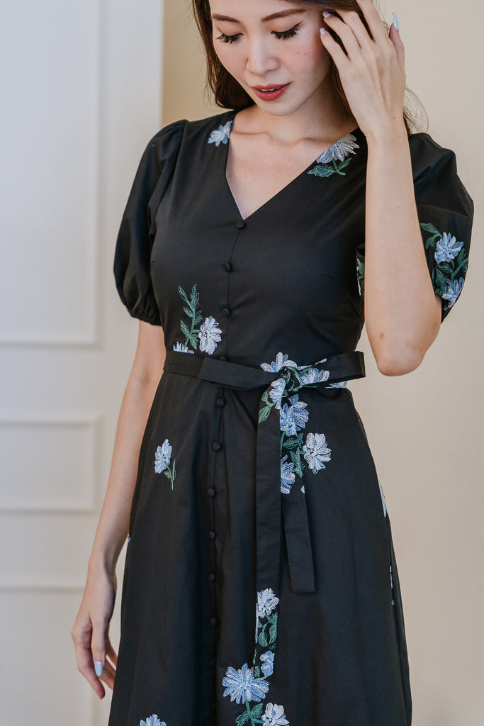 Emma Embroidery Button Maxi Dress - Black [XS/S/M/L/XL/XXL]