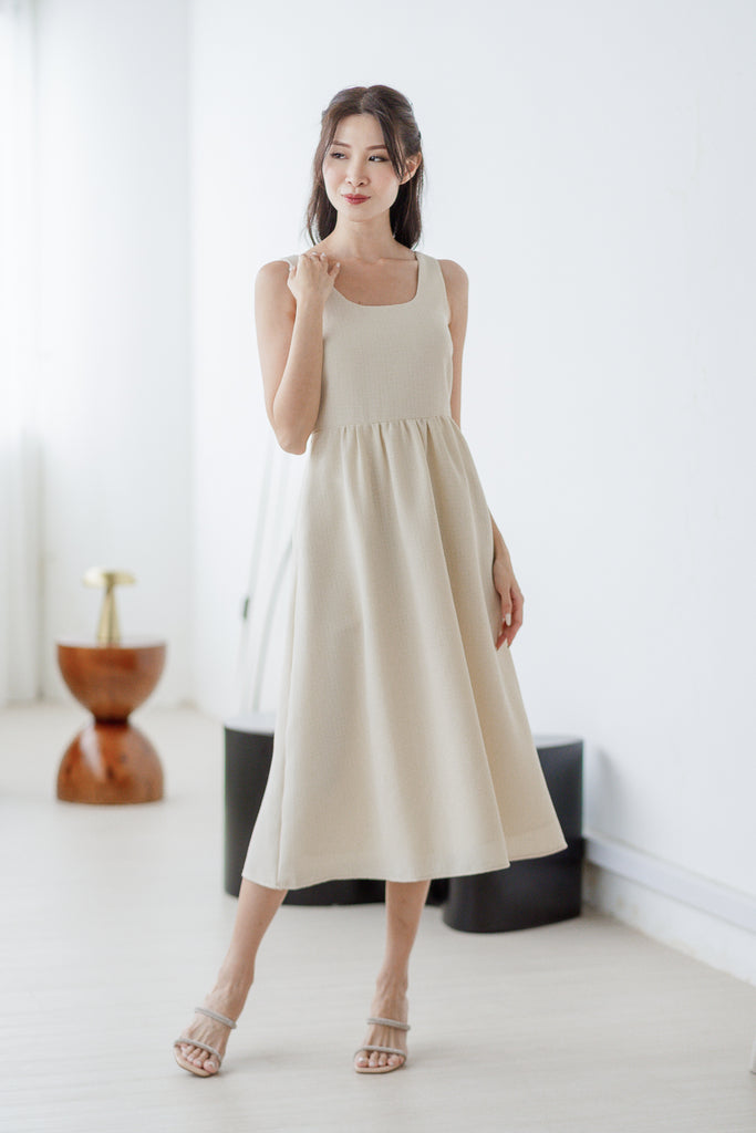 Yours Faithfully Tweed Scoop Neck Midi Dress - Cream [XS/S/M/L/XL/XXL]