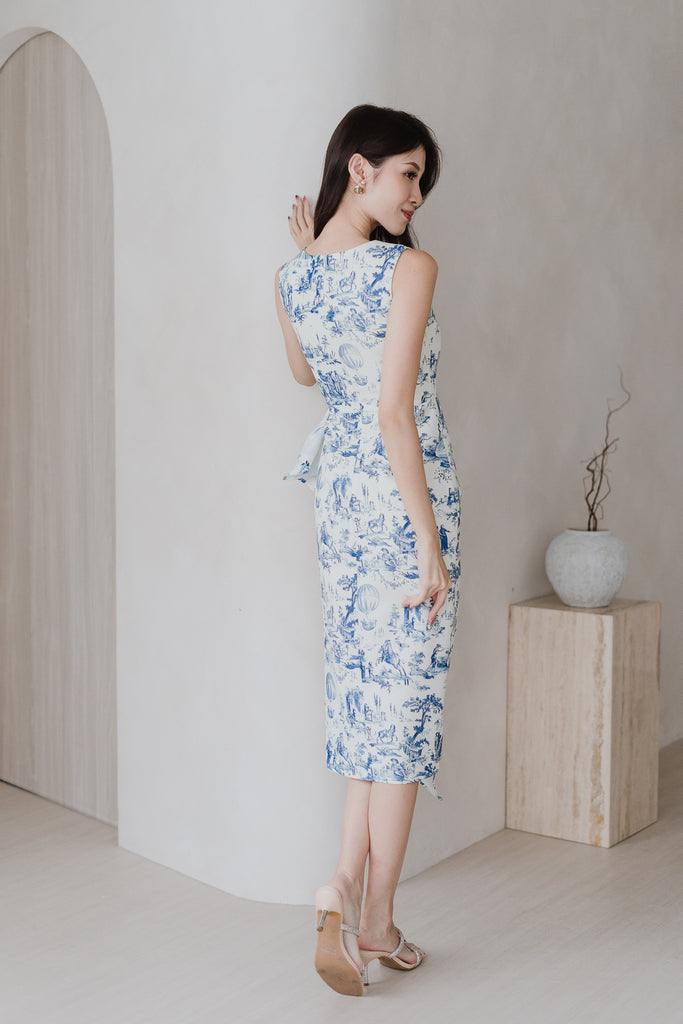 Riviera Square Neck Ruffle Slit Dress - Blue Porcelain [XS/S/M/L/XL]