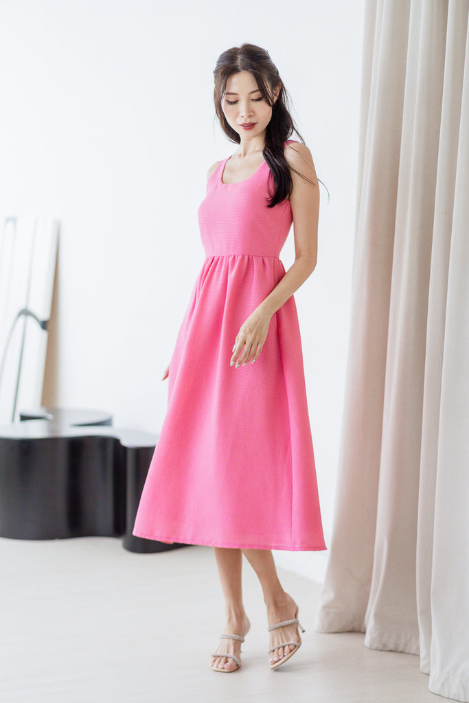 Yours Faithfully Tweed Scoop Neck Midi Dress - Hot Pink [XS/S/M/L/XL/XXL]
