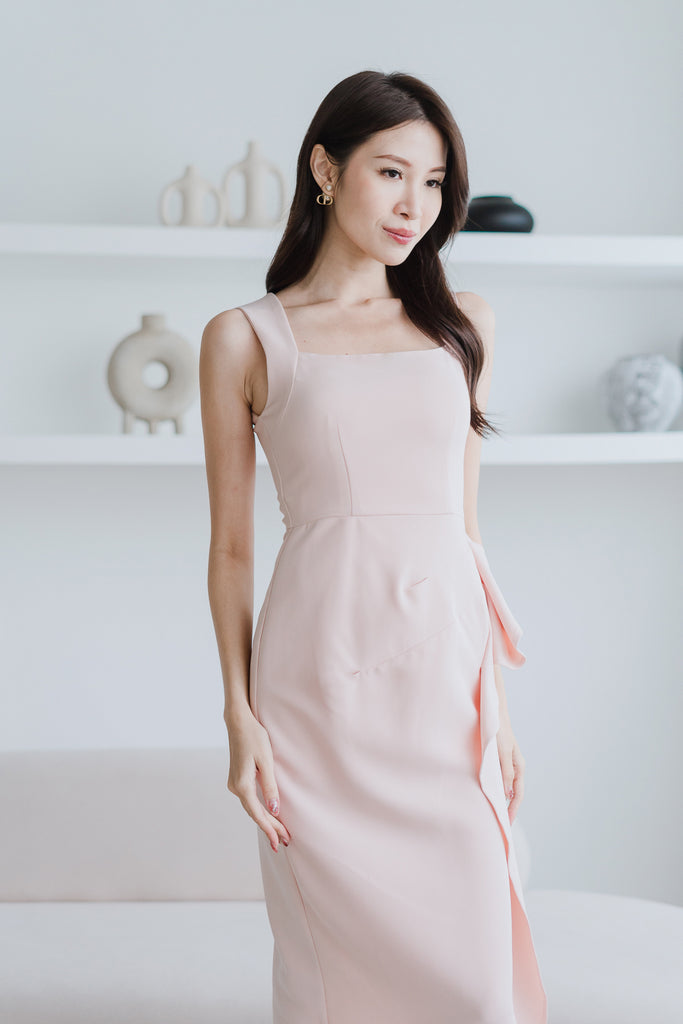 Riviera Square Neck Ruffle Slit Dress - Nude Pink [XS/S/M/L/XL]