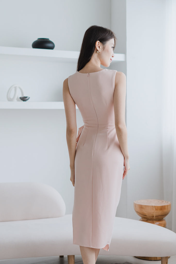 Riviera Square Neck Ruffle Slit Dress - Nude Pink [XS/S/M/L/XL]