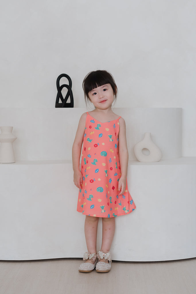 Mini Dragon Family 2way Kids Dress - Peach Coral [12M/2Y/3Y/4Y/5Y/6Y/7Y/8Y/9Y]