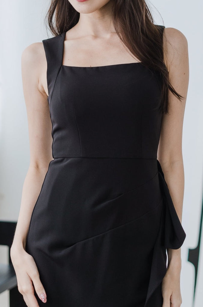 Riviera Square Neck Ruffle Slit Dress - Black [XS/S/M/L/XL]