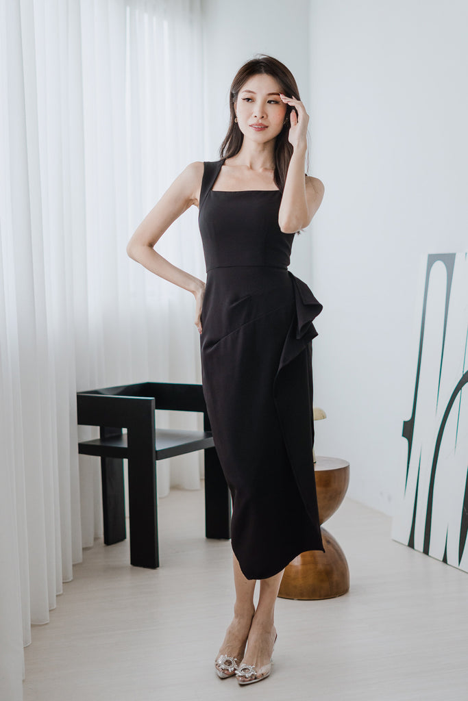 Riviera Square Neck Ruffle Slit Dress - Black [XS/S/M/L/XL]