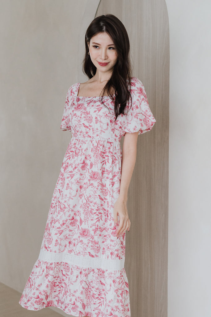 House of Bloom Lattice Insert Puffy Sleeves Midi Dress - Red Porcelain [XS/S/M/L/XL/XXL]