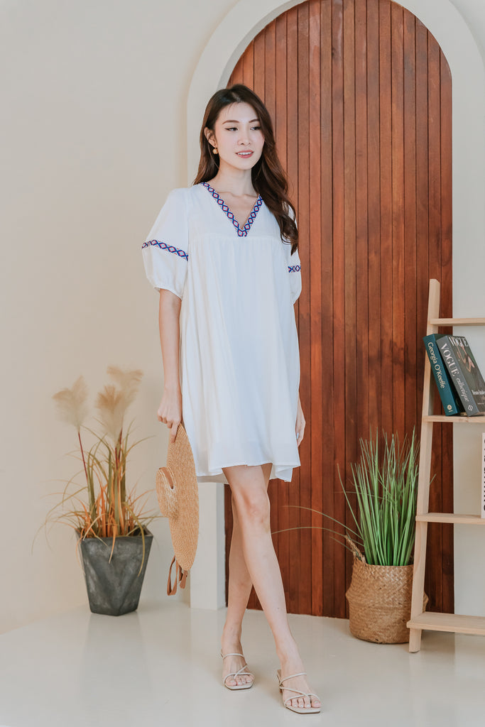 Nara Aztec Babydoll Dress - White [XS/S/M/L/XL/XXL]