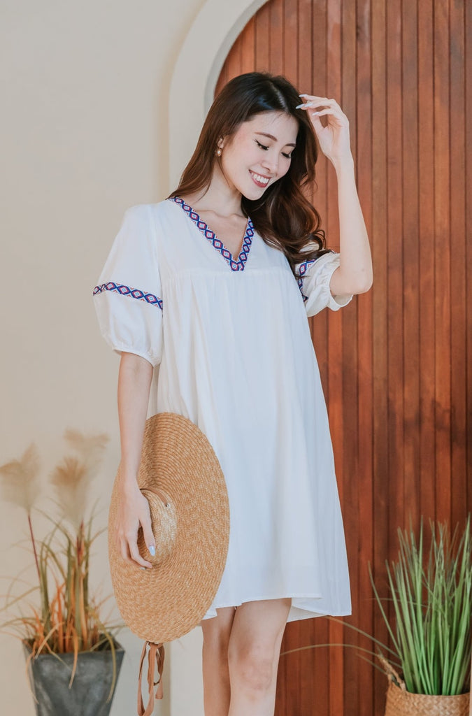 Nara Aztec Babydoll Dress - White [XS/S/M/L/XL/XXL]
