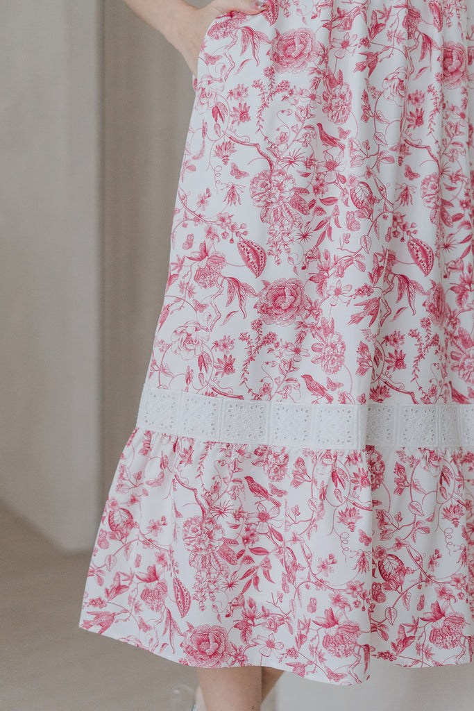 House of Bloom Lattice Insert Puffy Sleeves Midi Dress - Red Porcelain [XS/S/M/L/XL/XXL]