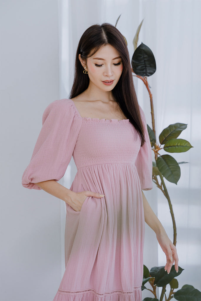 Delone Cotton Muslin Smocked Dress - Blush Pink [XS/S/M/L/XL/XXL]