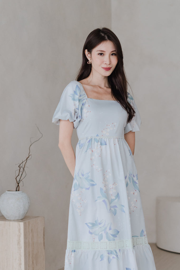 House of Bloom Lattice Insert Puffy Sleeves Midi Dress - Mint Floral [XS/S/M/L/XL/XXL]