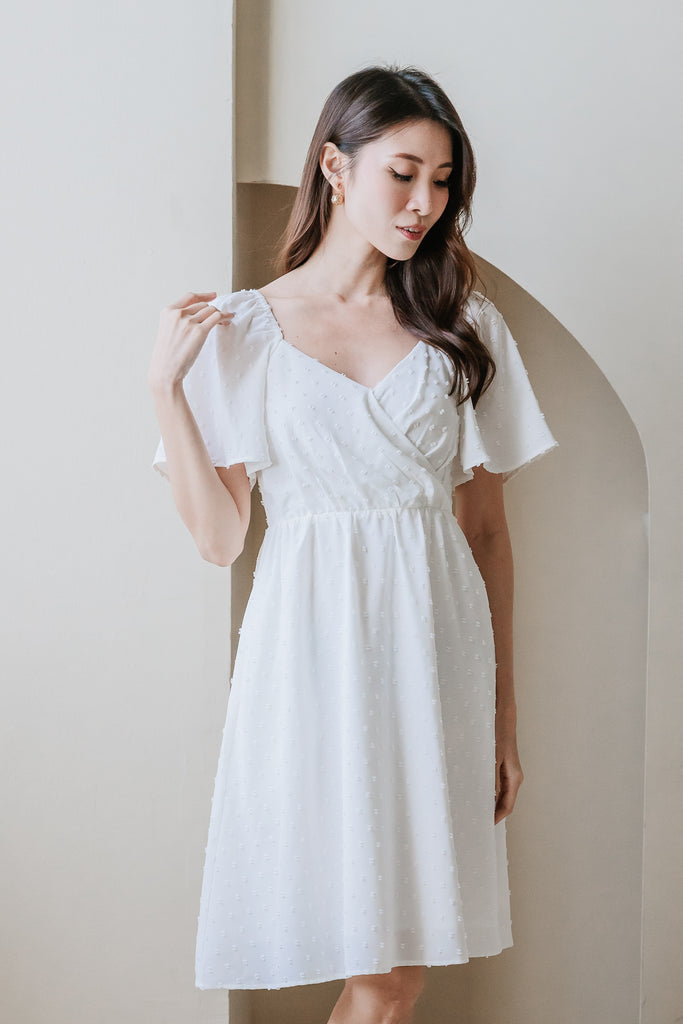 Callie Swiss Dot Flutter Sleeves Dress - White [XS/S/M/L/XL/XXL]