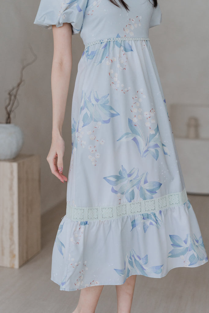 House of Bloom Lattice Insert Puffy Sleeves Midi Dress - Mint Floral [XS/S/M/L/XL/XXL]