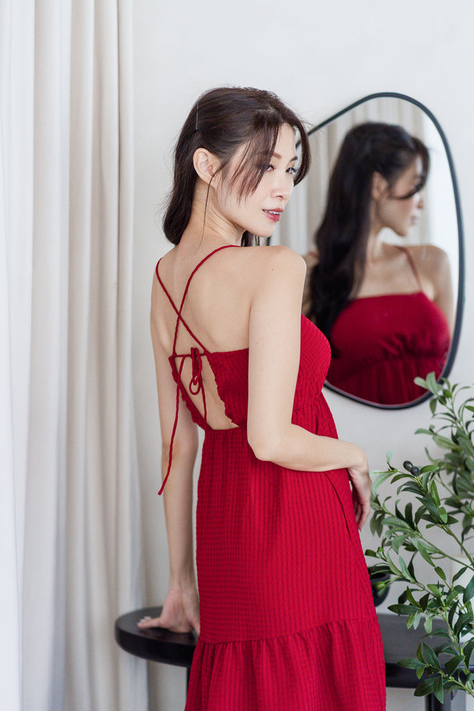 Kyla Padded Textured Spaghetti Cross-back Dress - Red [XS/S/M/L/XL]