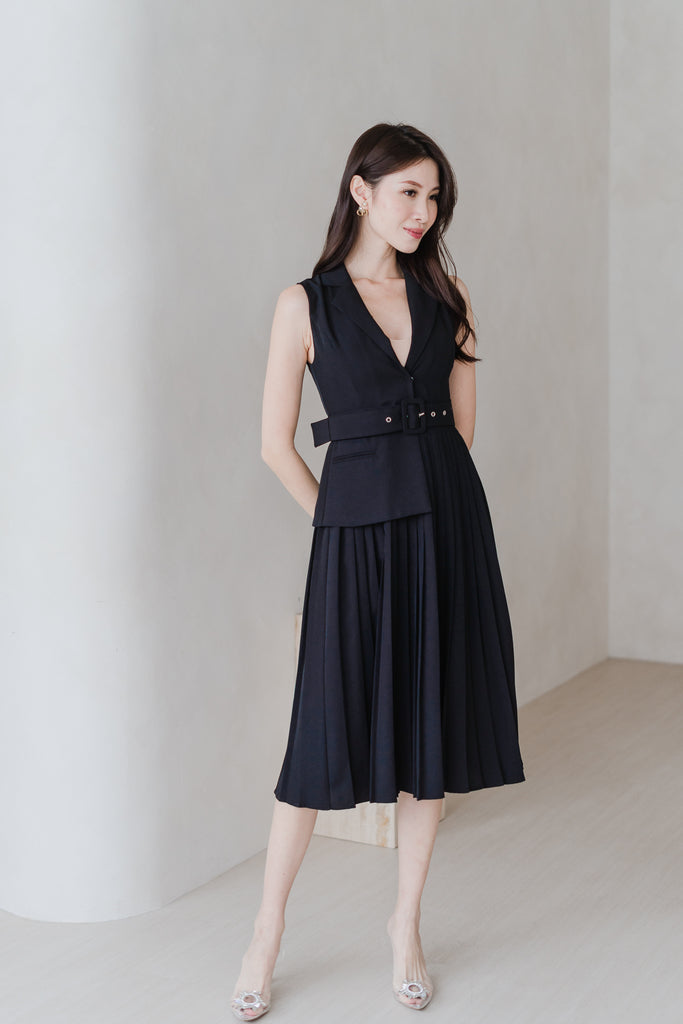 Amber Waistcoat Pleated Dress - Black [XS/S/M/L/XL]