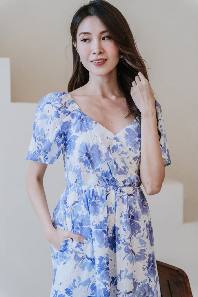 Callie Eyelet Flutter Sleeves Dress - Blue Floral [XS/S/M/L/XL/XXL]