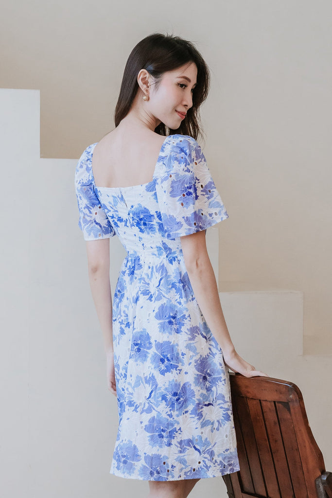 Callie Eyelet Flutter Sleeves Dress - Blue Floral [XS/S/M/L/XL/XXL]