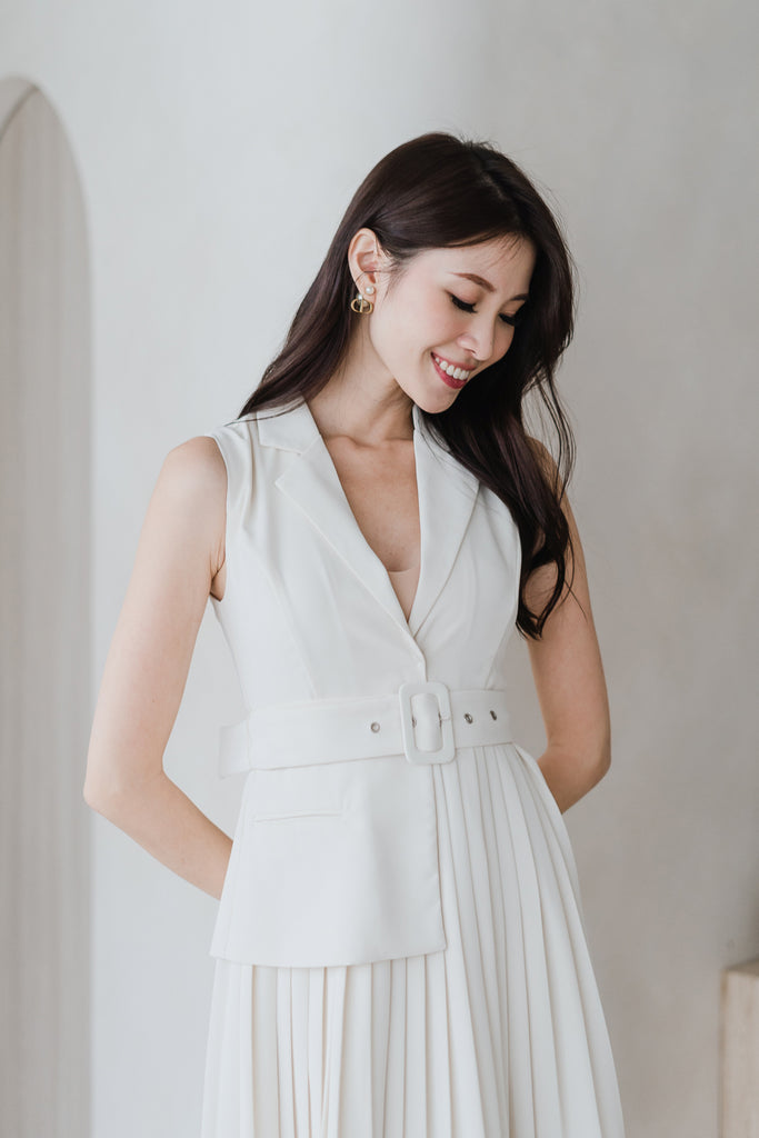 Amber Waistcoat Pleated Dress - Bone [XS/S/M/L/XL]