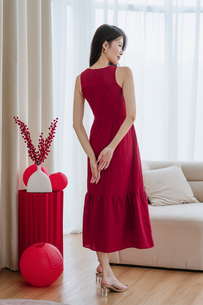 Colina Lattice Eyelet Tier Maxi Dress - Red [XS/S/M/L/XL/XXL]