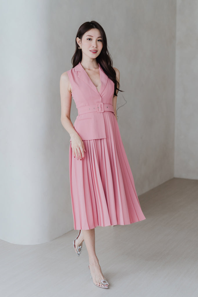 Amber Waistcoat Pleated Dress - Barbie Pink [XS/S/M/L/XL]