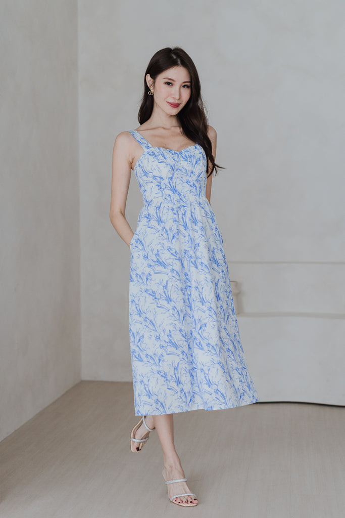 Cherrie-Bloom Emboss Porcelain Bustier Midi Dress - Blue [XS/S/M/L/XL/XXL]