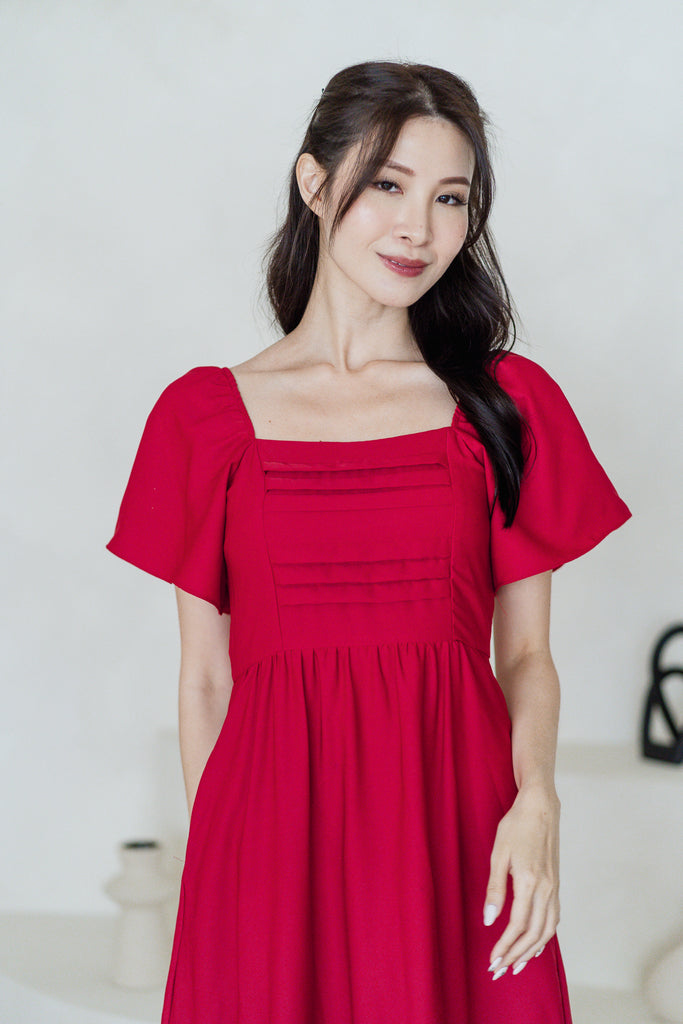 Hailey Flutter Sleeves Pleated Maxi - Red [XS/S/M/L/XL/XXL]