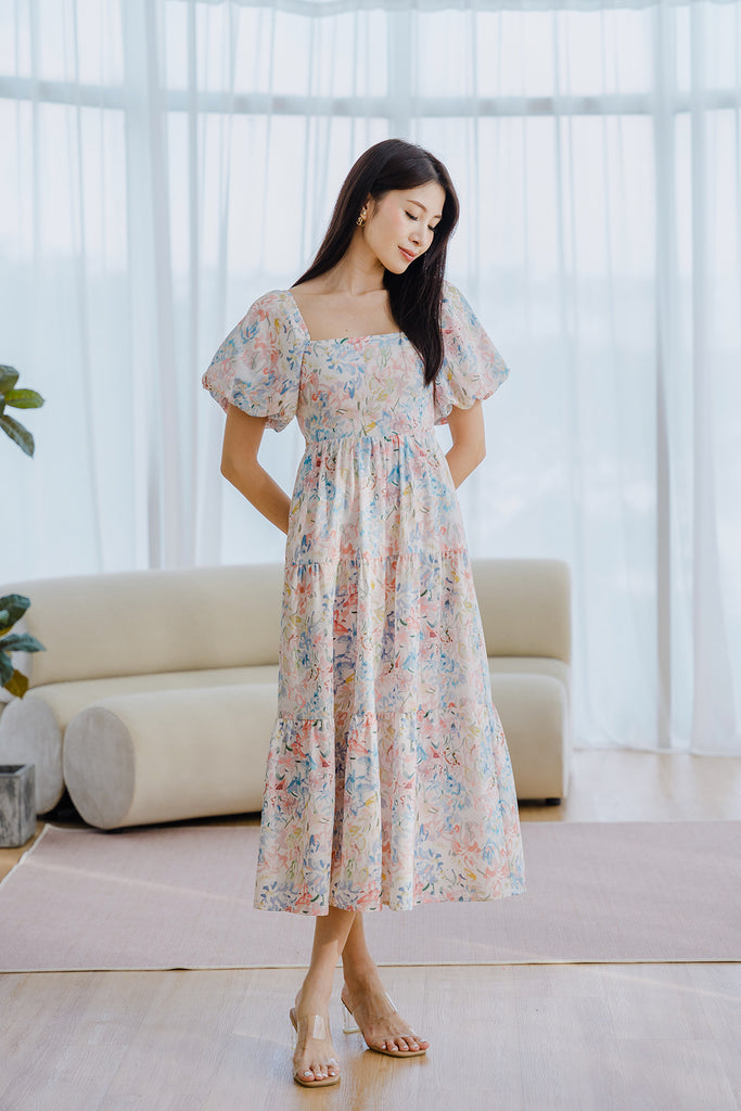 Derella Back Cut Out Tiered Maxi Dress - Pastel Floral [XS/S/M/L/XL/XX Diamond Mojitto Derella Back Cut Out Tiered Maxi Dress - Pastel Floral [XS/S/M/L/XL/XX Diamond Mojitto