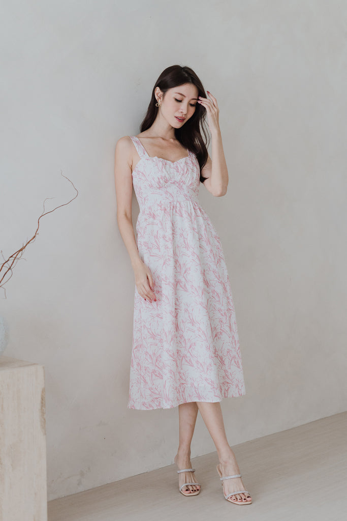 Cherrie-Bloom Emboss Porcelain Bustier Midi Dress - Pink [XS/S/M/L/XL/XXL]