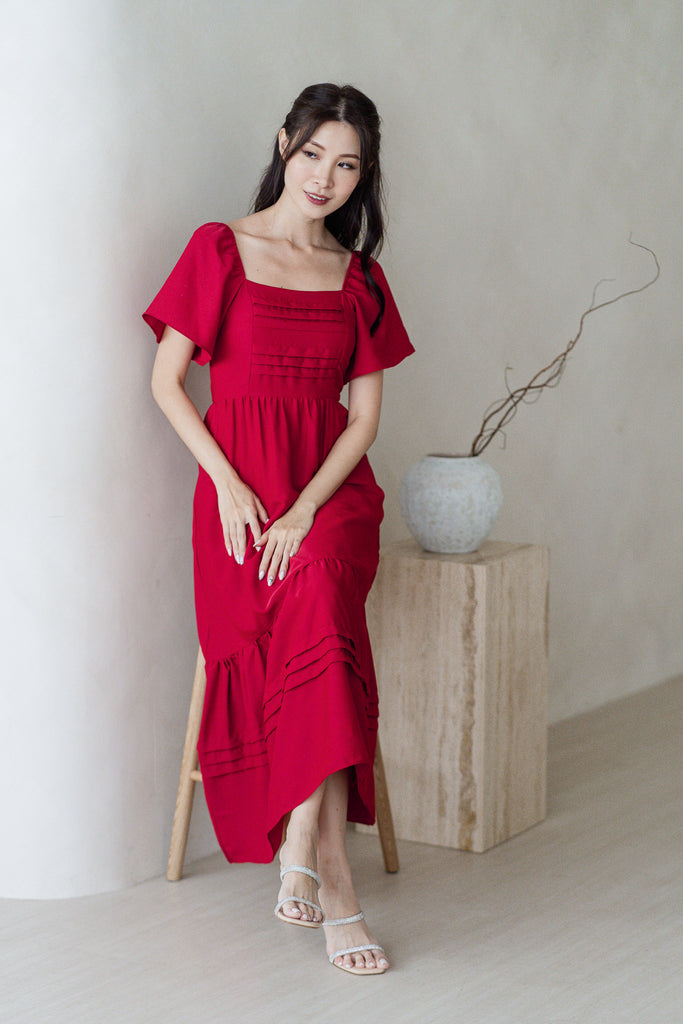 Hailey Flutter Sleeves Pleated Maxi - Red [XS/S/M/L/XL/XXL]