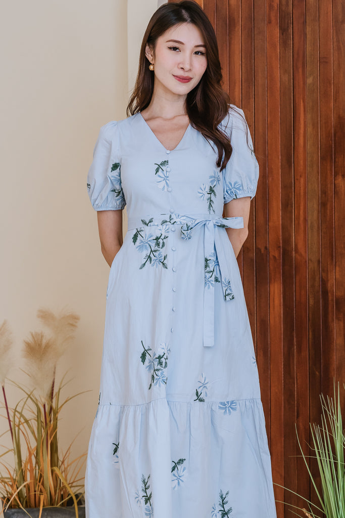 Emma Embroidery Button Maxi Dress - Light Blue [XS/S/M/L/XL/XXL]