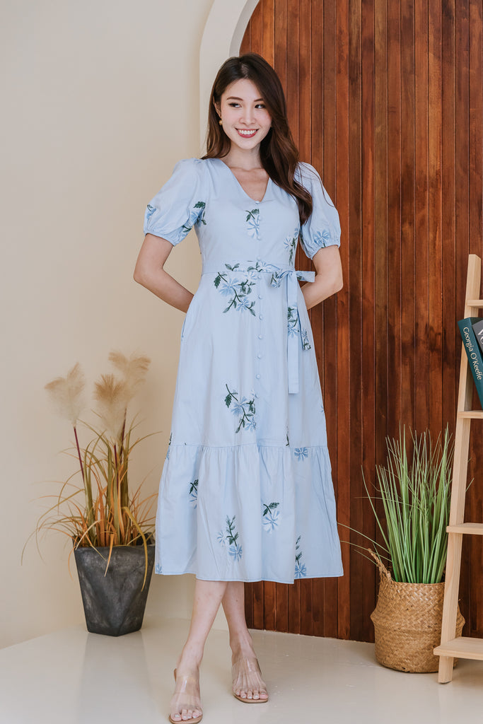 Emma Embroidery Button Maxi Dress - Light Blue [XS/S/M/L/XL/XXL]