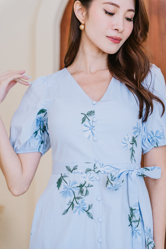 Emma Embroidery Button Maxi Dress - Light Blue [XS/S/M/L/XL/XXL]