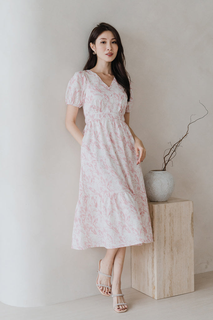 Cherrie-Bloom Emboss Porcelain Button Dress - Pink [XS/S/M/L/XL/XXL]