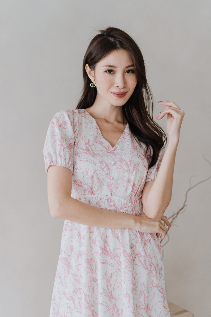 Cherrie-Bloom Emboss Porcelain Button Dress - Pink [XS/S/M/L/XL/XXL]