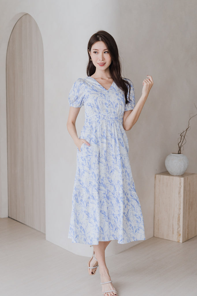 Cherrie-Bloom Emboss Porcelain Button Dress - Blue [XS/S/M/L/XL/XXL]