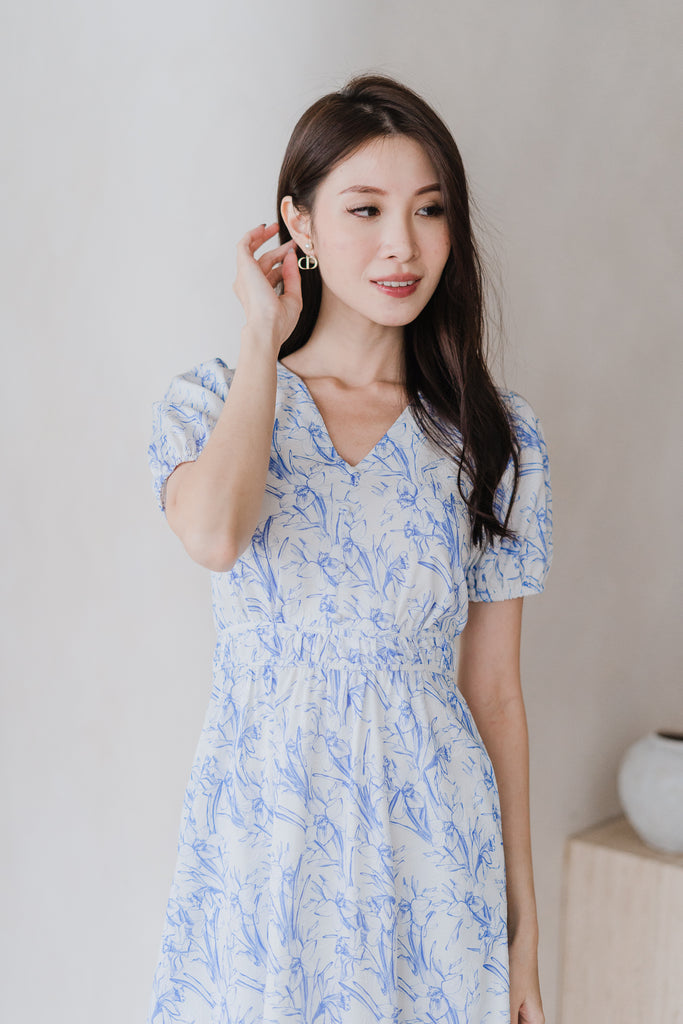 Cherrie-Bloom Emboss Porcelain Button Dress - Blue [XS/S/M/L/XL/XXL]