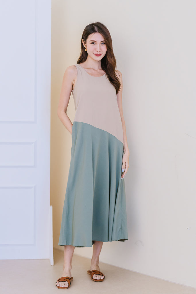 Lauren Colourblock Two Way Maxi Dress - Taupe / Sage [XS/S/M/L/XL/XXL]