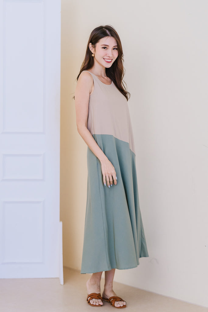 Lauren Colourblock Two Way Maxi Dress - Taupe / Sage [XS/S/M/L/XL/XXL]