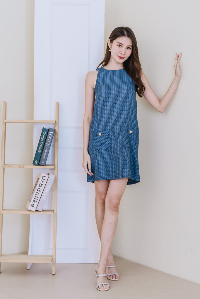 Chantel Tweed Pocket Shift Dress - Navy [XS/S/M/L/XL]