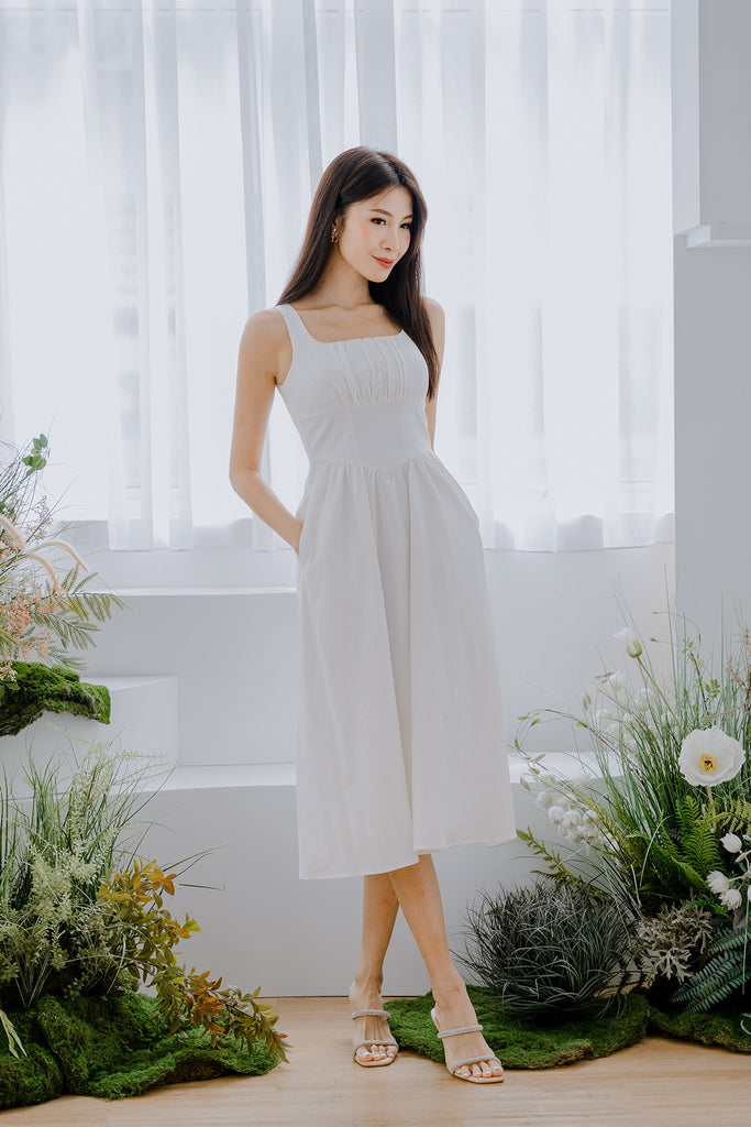 Silvana Ruche V-Waistline Dress - White [XS/S/M/L/XL/XXL]