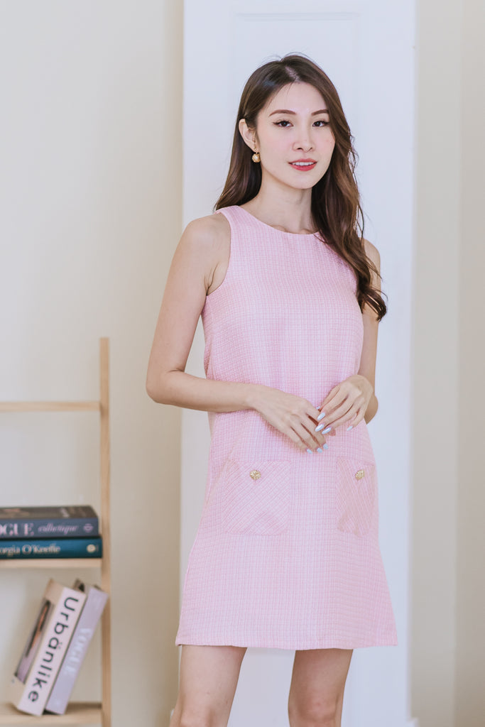 Chantel Tweed Pocket Shift Dress - Baby Pink [XS/S/M/L/XL]