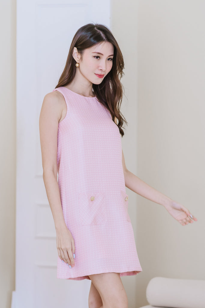 Chantel Tweed Pocket Shift Dress - Baby Pink [XS/S/M/L/XL]