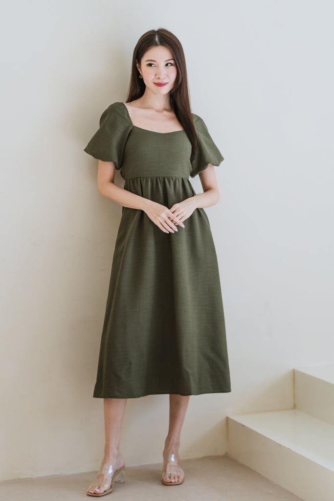 Devia Textured Puffy Sleeves Cut Out Midi Dress - Olive [ XS/S/M/L/XL/XXL]