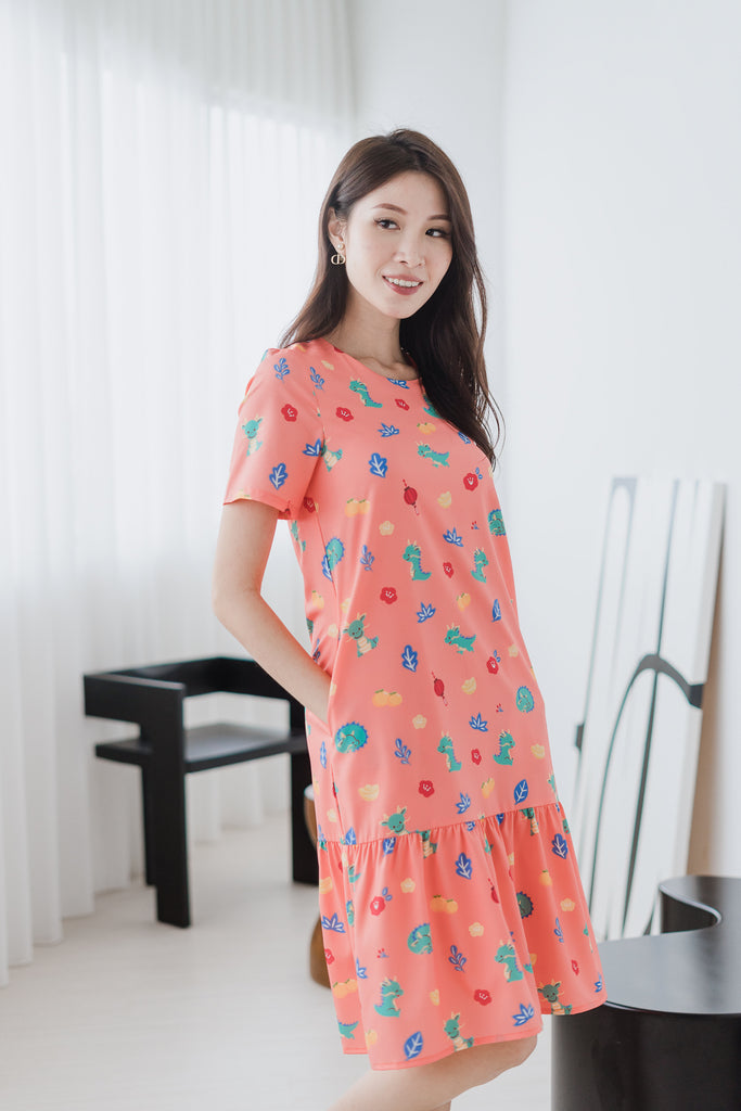 Dragon Family Drop Waist Dress - Peach Coral [XS/S/M/L/XL/XXL]