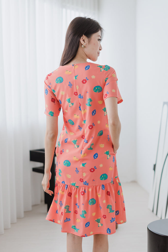 Dragon Family Drop Waist Dress - Peach Coral [XS/S/M/L/XL/XXL]